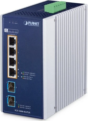 Planet IGS-1000 Industrial Railmount 2.5G Switch, 4x RJ-45, 2x SFP+, 360W PoE++