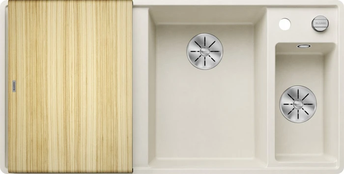 Blanco Axia III 6 S-F InFino Becken rechts mit Ablauffernbedienung softweiß inkl. Holzschneidebrett