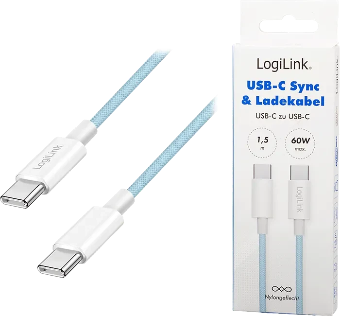LogiLink USB-C Kabel, USB 2.0, 480Mb/s, 60W PD, USB-C Stecker auf USB-C Stecker, Nylon, blau, 1.5m