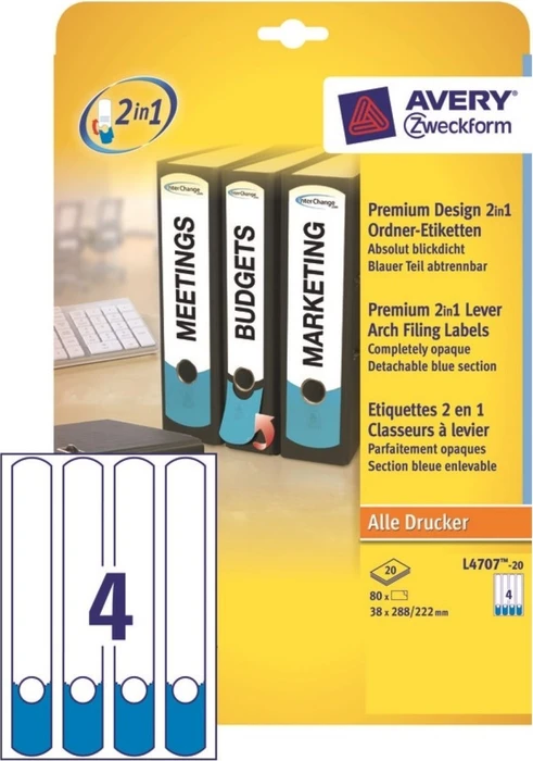Avery-Zweckform Ordneretiketten, 288x38mm, weiß/blau, 20 Blatt (80 Etiketten)