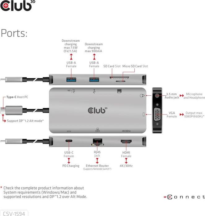 Club 3D 9-in-1 Hub, USB-C 3.0 [Stecker]