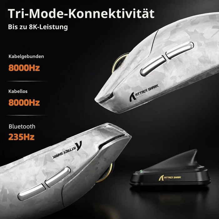 Attack Shark RS3 ULTRA Carbon Fiber 8KHz Wireless, Forged Silver, inkl. C06 Ultra LED Kabel, USB/Bluetooth