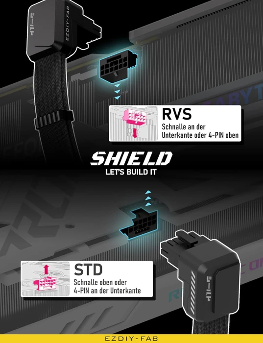EZDIY-FAB 12V-2x6 Kabel, Shield, 16-Pin PCIe Verlängerungskabel, 1x 16-Pin PCIe 5.1 Buchse auf 16-Pin PCIe 5.1 Stecker, Variante Standard, Sense-Pins an der Unterseite, 16AWG, schwarz, 90° gewinkelt