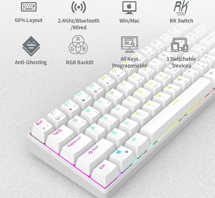 RK Royal Kludge RK61 60% Wireless, weiß, LEDs RGB, hot-swap, RK BLUE, USB/Bluetooth, US