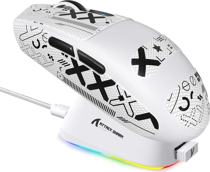 Attack Shark G3Pro Tri-mode Wireless Gaming Mouse mit Ladestation, White, inkl. Grip Tape, USB/Bluetooth