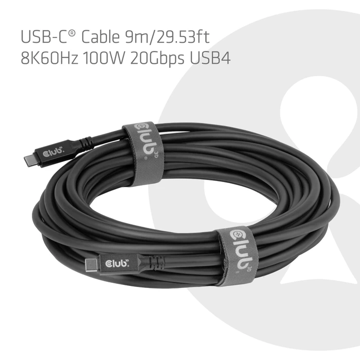 Club 3D USB4 Kabel, 20Gb/s, 8K60Hz, 100W PD, USB-C Stecker auf USB-C Stecker, schwarz, 9m