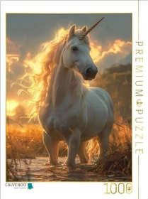 Calvendo Sonnenuntergangszauber: Ein weißes Einhorn am malerischen Strandufer