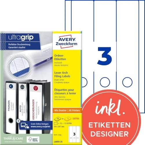 Avery-Zweckform Ordneretiketten, 59x297mm, weiß, 25 Blatt (75 Etiketten)