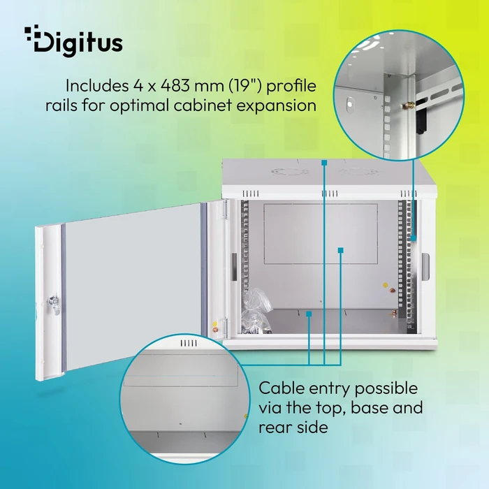 Digitus Dynamic-N Serie 19" Wandgehäuse 9HE, unmontiert, Sicherheitsglastür, IP2X, RAL 7035, 450mm tief