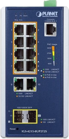 Planet IGS-4215 Industrial Railmount Gigabit Managed Switch, 10x RJ-45, 2x SFP, 360W PoE++