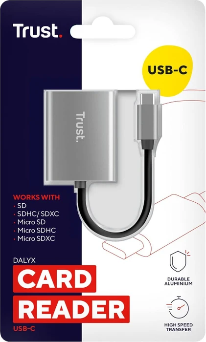 Trust Dalyx Kartenlesegerät aus Aluminium, silber, USB-C 3.0 [Stecker]