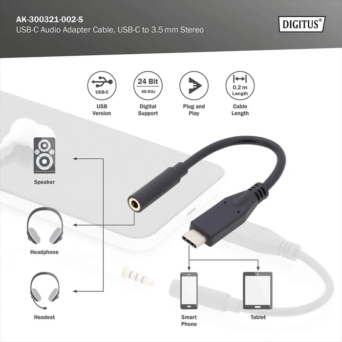 Digitus USB-C auf 3.5mm-Klinke Audio Adapter, 0.2m
