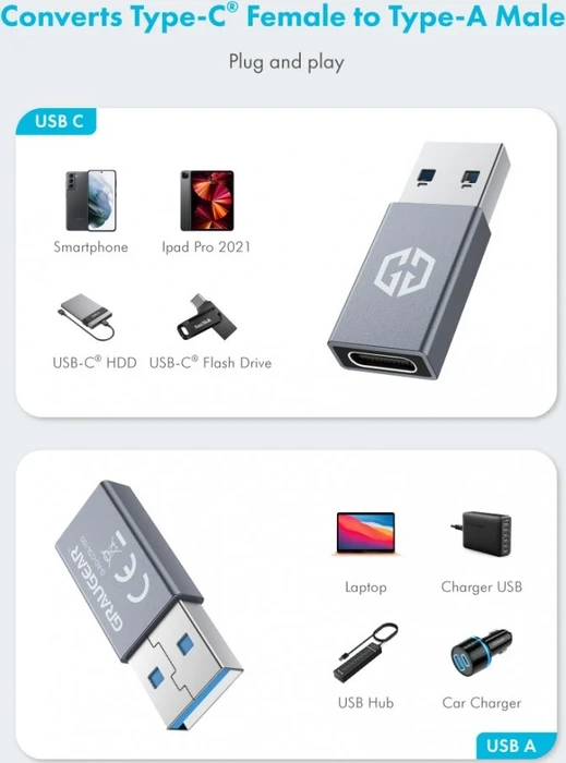 Graugear G-AD-CTA-10G, USB-C Adapter, USB 3.1, 10Gb/s, USB-C 3.1 [Buchse] auf USB-A 3.1 [Stecker], Adapter, schwarz