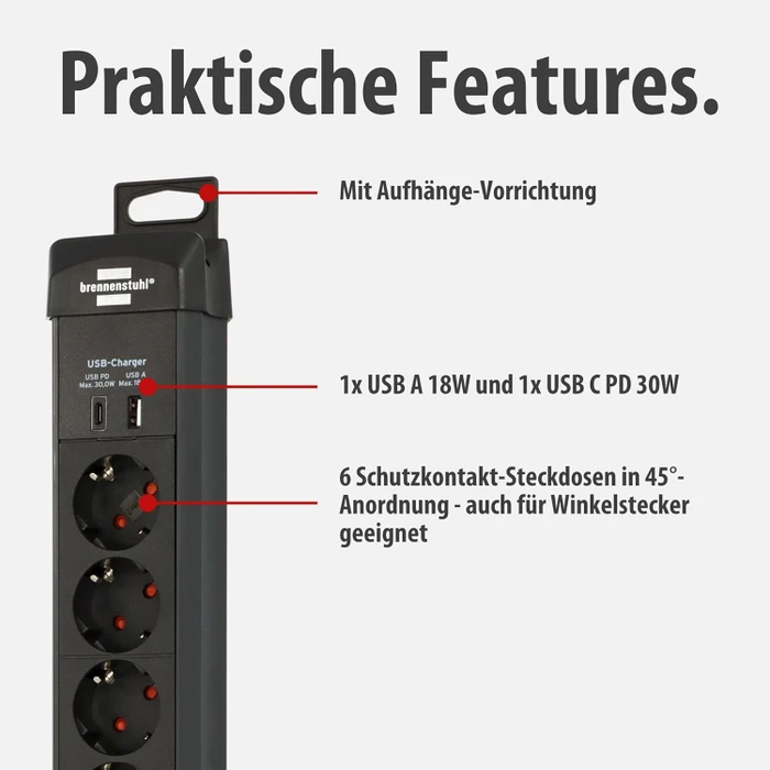 Brennenstuhl Premium-Line, 6-fach, 1x USB-A/1x USB-C USB-PD, 3m, schwarz
