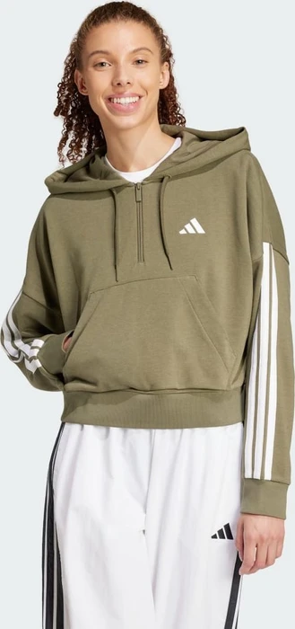adidas Essentials 3-Streifen French Terry Quarter-Zip Hoodie olive strata/white (Damen)