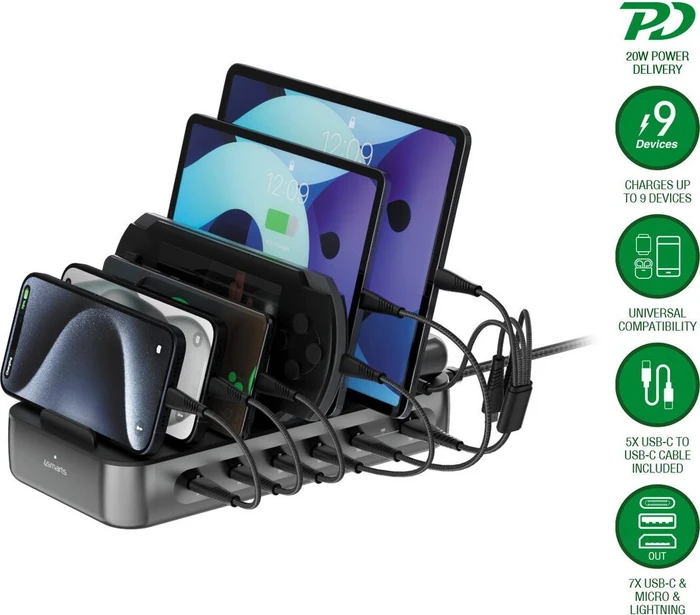 4smarts Ladestation Team 100W 5C/1A inkl. 6 Kabel grau/schwarz