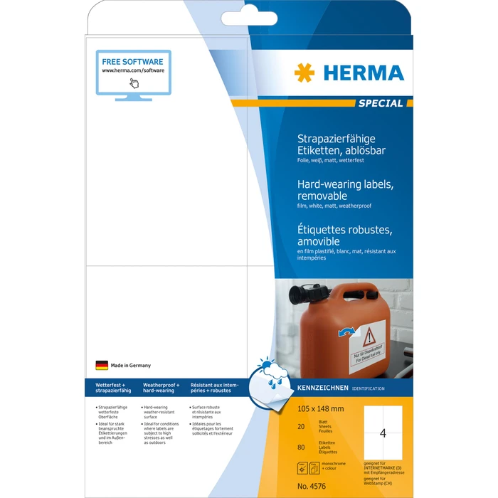 Herma Folienetiketten, A6, ablösbar, wetterfest, weiß, matt, 20 Blatt (80 Etiketten)