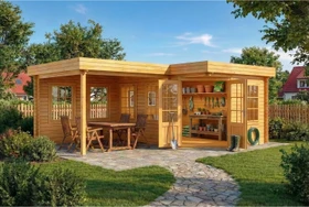 Alpholz 5-Eck Gartenhaus Pepe 422x276cm imprägniert natur