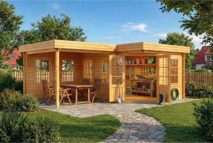 Alpholz 5-Eck Gartenhaus Pepe 422x276cm imprägniert natur