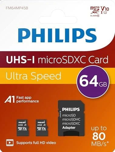 Philips microSDXC R80/W30 64GB Kit, UHS-I U1, A1, Class 10, 2er-Pack