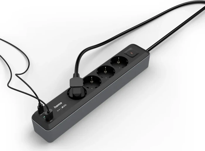 Hama Steckdosenleiste mit Schalter, 4-fach, 1x USB-A/2x USB-C 65W USB-PD, 1.4m, schwarz/grau