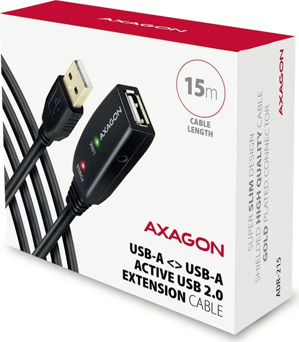 Axagon USB-A Verlängerung, USB 2.0, 480Mb/s, USB-A 2.0 [Stecker] auf USB-A 2.0 [Buchse], aktiv, Verlängerungskabel A/A, 15m