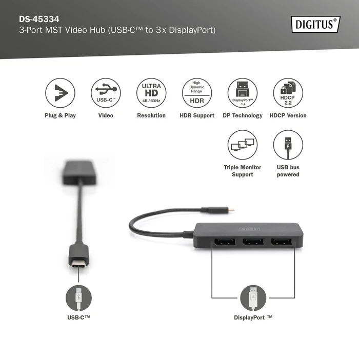 Digitus 3-Port MST Video Hub, USB-C [Stecker]