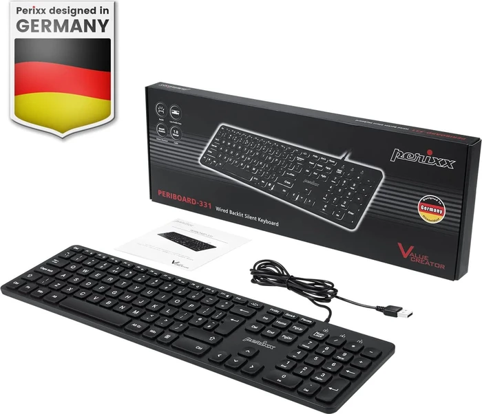 Perixx Periboard-331 Großschrift-Tastatur, schwarz, LEDs weiß, USB, FR