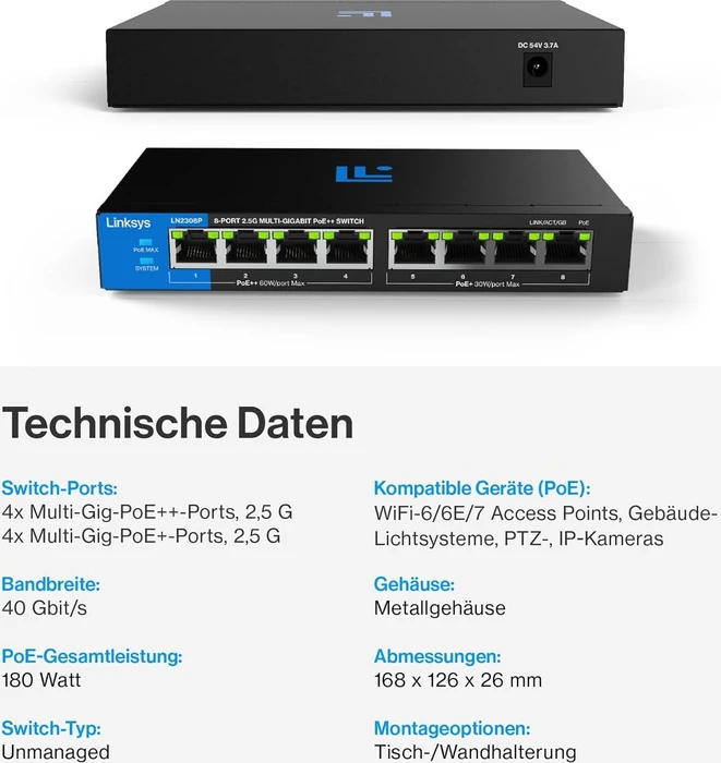 Linksys LN230 Desktop 2.5G Switch, 8x RJ-45, 180W PoE++