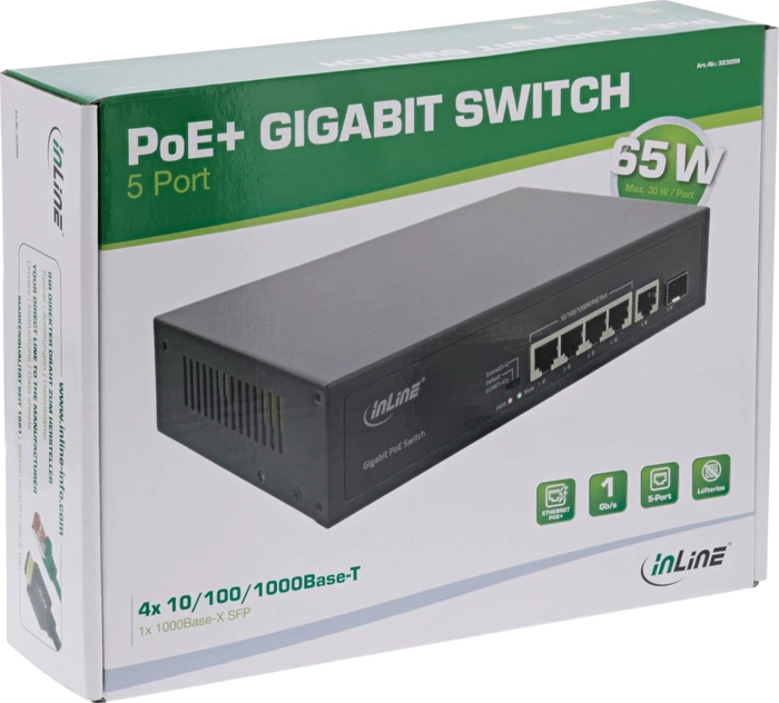 InLine Desktop Gigabit Switch, 5x RJ-45, 1x SFP, 65W PoE+