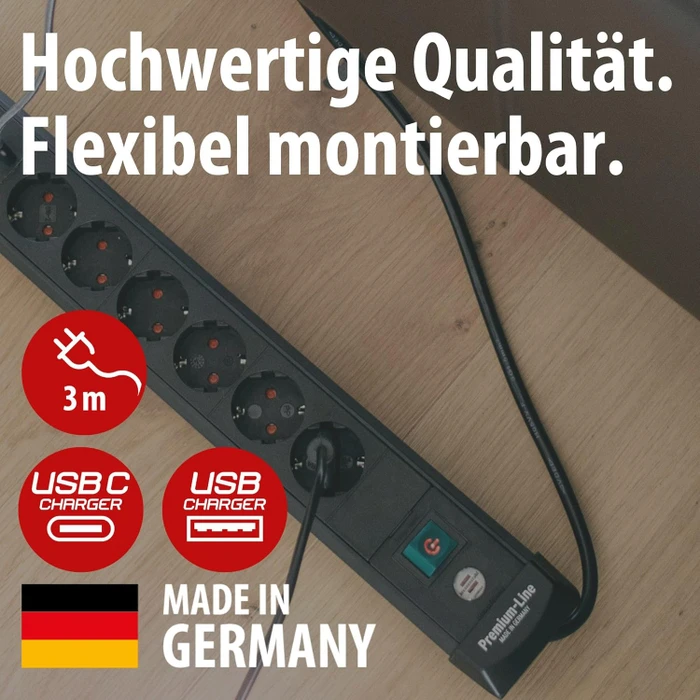 Brennenstuhl Premium-Line, 6-fach, 1x USB-A/1x USB-C USB-PD, 3m, schwarz