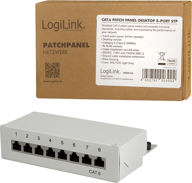 LogiLink Desktop Patchpanel Cat6, für Tisch/Wand, 8-Port, grau