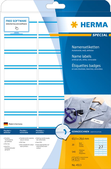 Herma Namensetiketten Acetatseide, 63.5x29.6mm, ablösbar, weiß/blau, 20 Blatt (540 Etiketten)