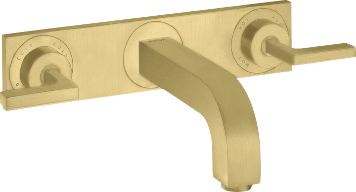 Hansgrohe Axor Citterio 3-Loch Waschtischarmatur für Wandmontage mit Hebelgriffen und Platte brushed brass