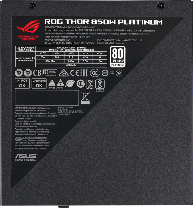ASUS ROG Thor Platinum II, ROG-THOR-850P2-GAMING, 850W, ATX 2.4, mit 16-Pin PCIe 5.0 Kabel