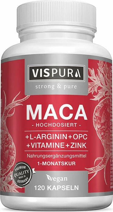 Vispura Maca extra hochdosiert + L-Arginin + OPC + Vitamine + Zink vegane Kapseln, 120 Stück