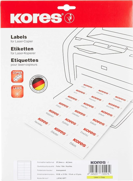 Kores Folienetiketten, 97x42.3mm, wetterfest, transparent, glänzend, 10 Blatt (120 Etiketten)