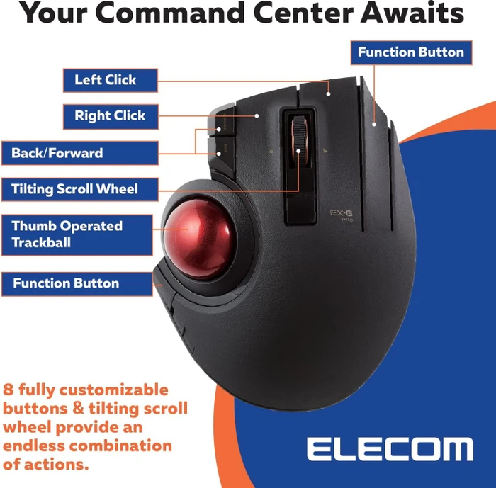 Elecom EX-G Pro M-XPT1MRXBK Trackball schwarz/rote Kugel, Rechtshänder, USB-A/Bluetooth