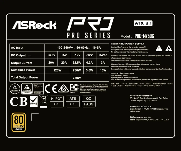 ASRock PRO Series Full Modular Gold PRO-M750G 750W, ATX 3.1