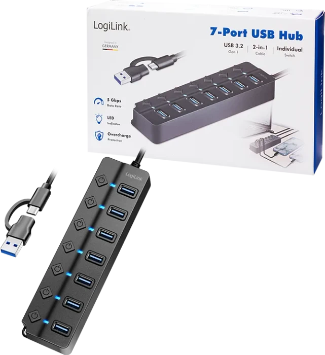 LogiLink USB 3.2 Gen1 Hub mit Ein-/Aus-Schalter, 7x USB-A 3.0, USB-C/USB-A 3.0 [Stecker]