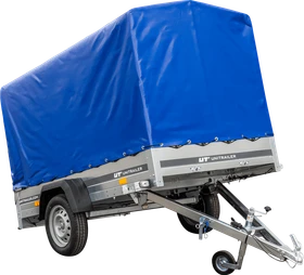 Unitrailer Garden Trailer 230 Kipp mit Stützrad, 110cm hoher Rahmen und blauer Abdeckung