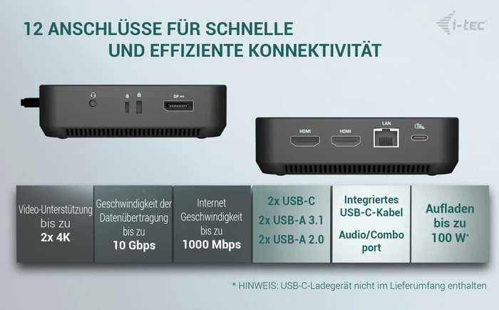i-tec DP Dual HDMI Docking Station with Power Delivery 100 W, USB-C 3.1 mit DisplayPort 1.4 [Stecker]