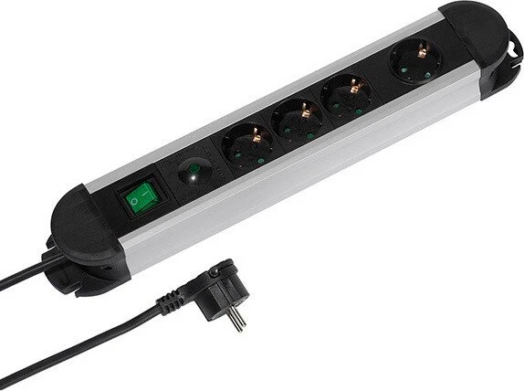 Vivanco Professional EPLS 3_1ALU2M mit Überspannungsschutz, 4-fach, Schalter, 2m, schwarz/silber