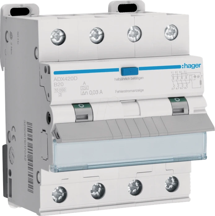Hager Fehlerstrom-Leitungsschutzschalter 4P 10kA B-20A 30mA Typ A