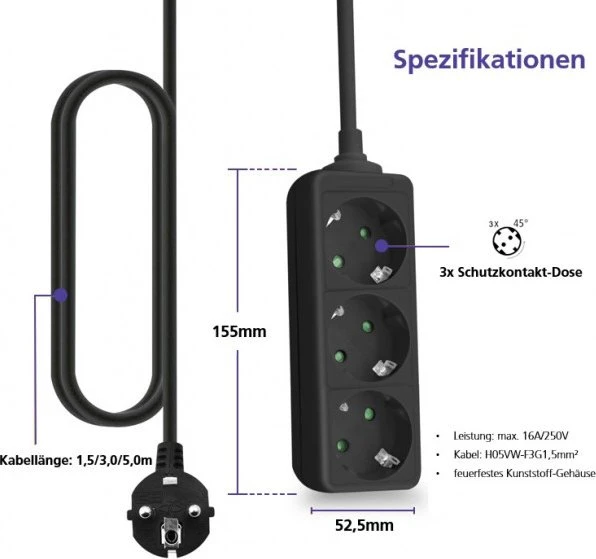 Helos CLASSIC Steckdosenleiste, 3-fach, 5m, schwarz