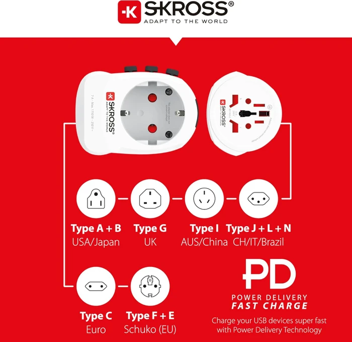 Skross World Travel Adapter PRO Light USB AC30PD - World, 1x USB-A, 1x USB-C