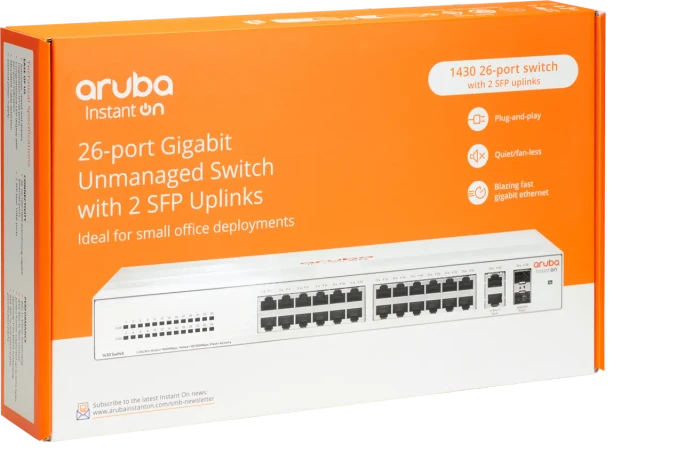 HPE Aruba Instant On 1430 Desktop Gigabit Switch, 26x RJ-45, 2x SFP