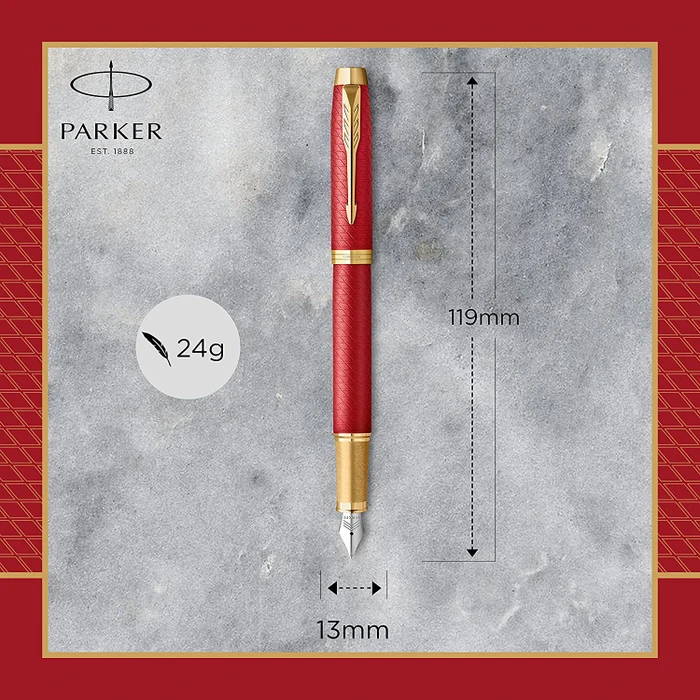 Parker IM Premium red lacquer/gold trim, rechte Hand, fein, Geschenkbox