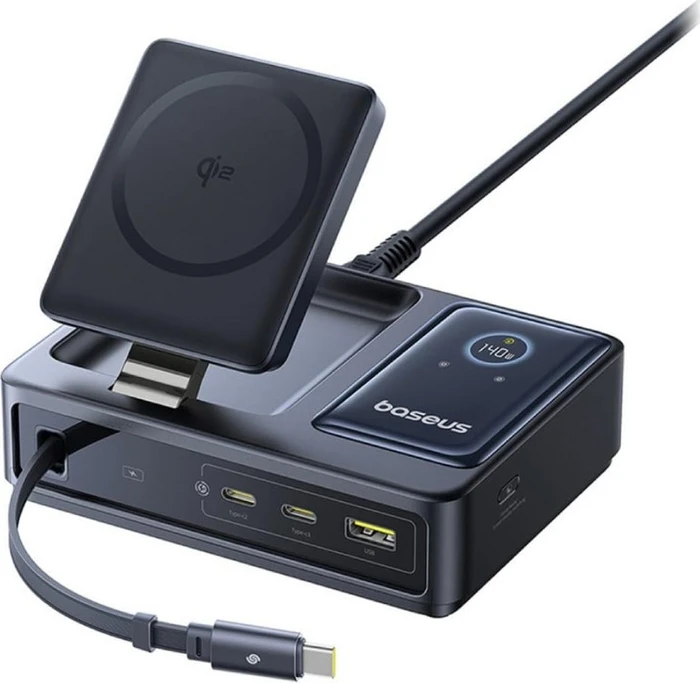Baseus Nomos 5-in-1 Qi2 Desktop Charger 100W Retractable Type-C Cable schwarz