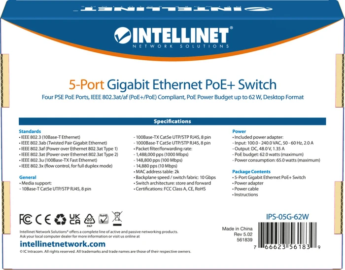 Intellinet Desktop Gigabit Switch, 5x RJ-45, 62W PoE+